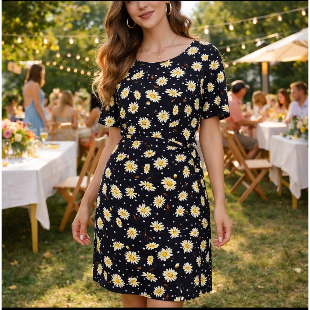 August Silk‎ Black Daisy Polka Dot 100% Silk Side Tie Wrap Dress Size 14 Floral